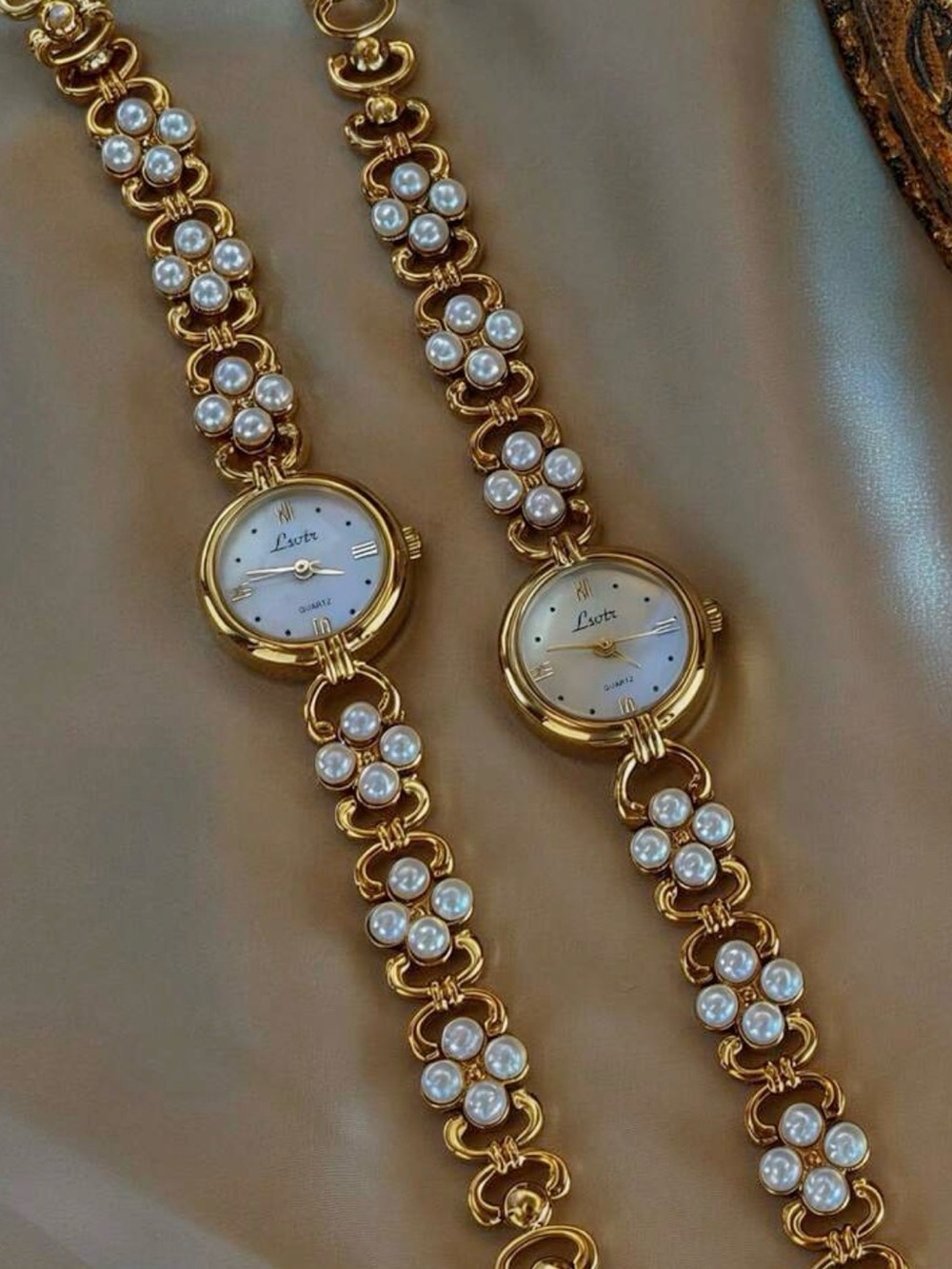 Anthropologie Gold Pearl Floral Link Watch - Picture 6 of 8